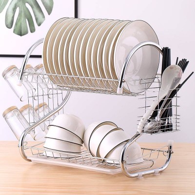 Aligan Home Kitchen Dish Drying Rack Metal Rustproof Chrome Plating Drainer Drying Storage Space Saving Kitchen Organizer 2 Tier